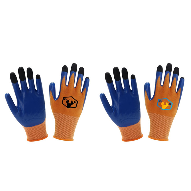 A pair of blue and orange insulating gloves with black fingertips and a logo on the wrist.