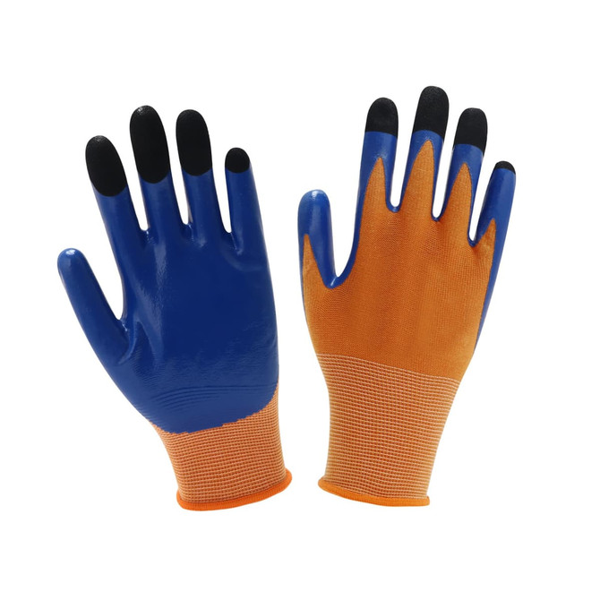 Blue and orange insulated gloves with a textured grip and black fingertips, featuring a logo on the wrist.