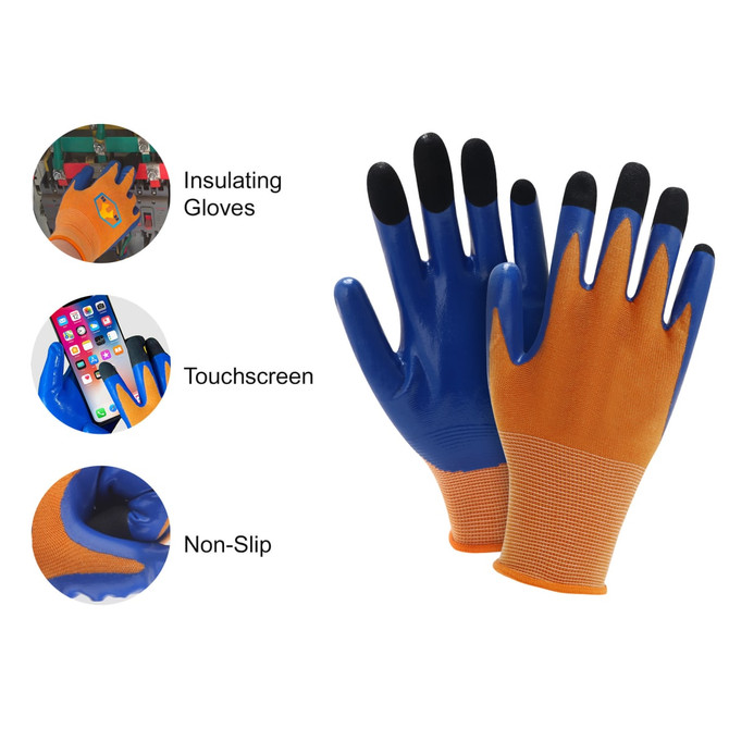 A pair of blue and orange insulating gloves designed for touchscreen use, featuring non-slip grips.