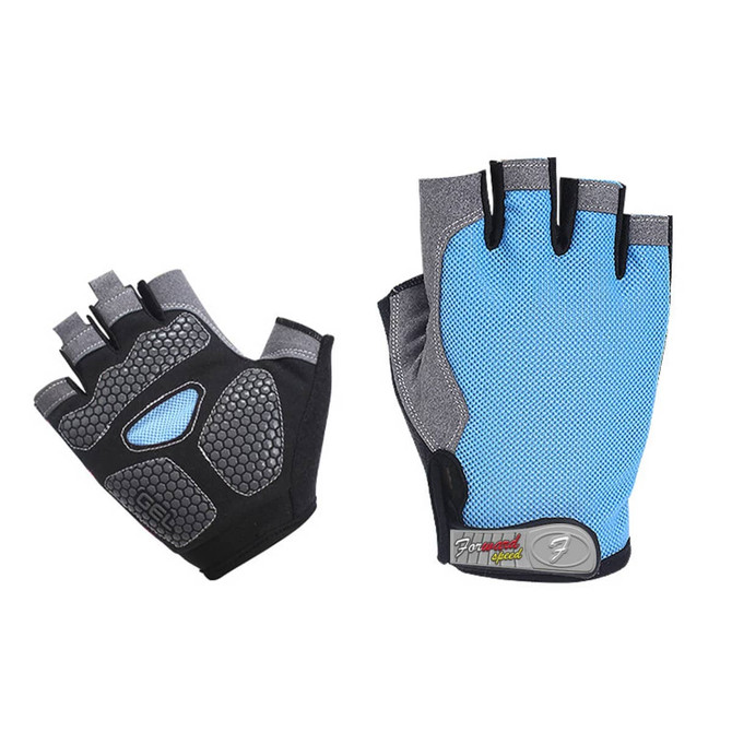 Anti-slip bike gloves in grey and light blue, featuring breathable mesh and padded grip areas. Includes branding.