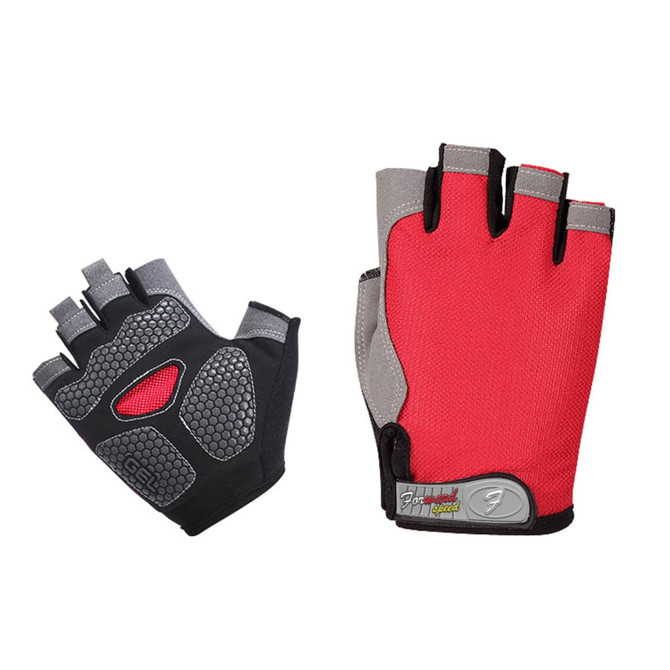 Anti-slip bike gloves in red, grey, and black with padded palms and an ergonomic design, featuring a logo.
