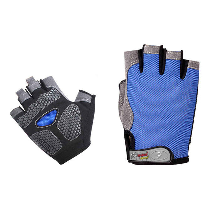 Anti-slip bike gloves in blue and grey featuring a textured palm and fingerless design. Includes a logo on the wrist.