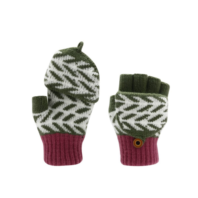 Fingerless gloves in green, white, and maroon jacquard pattern, featuring a flip cover for added warmth.