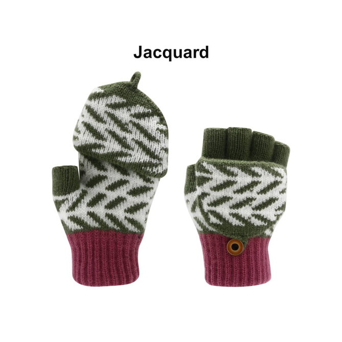Kids' jacquard fingerless gloves with a flip cover in green and white patterns, featuring a pink cuff.