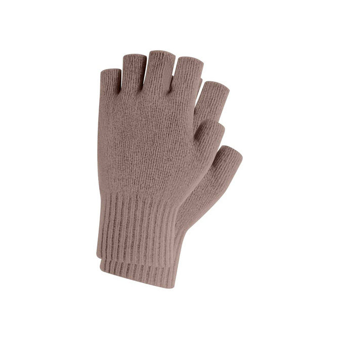 Fingerless gloves in a soft taupe colour, featuring a ribbed texture and a woven label.