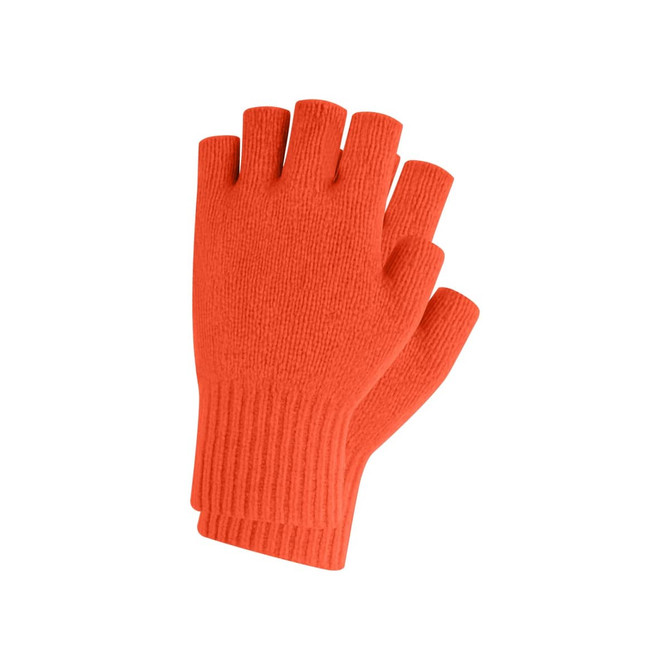 A pair of orange knitted fingerless gloves with a ribbed cuff, featuring a woven label.