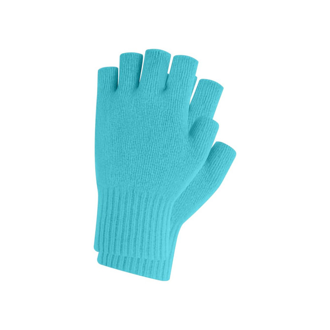 A pair of turquoise knitted fingerless gloves with a woven label, designed for adults.