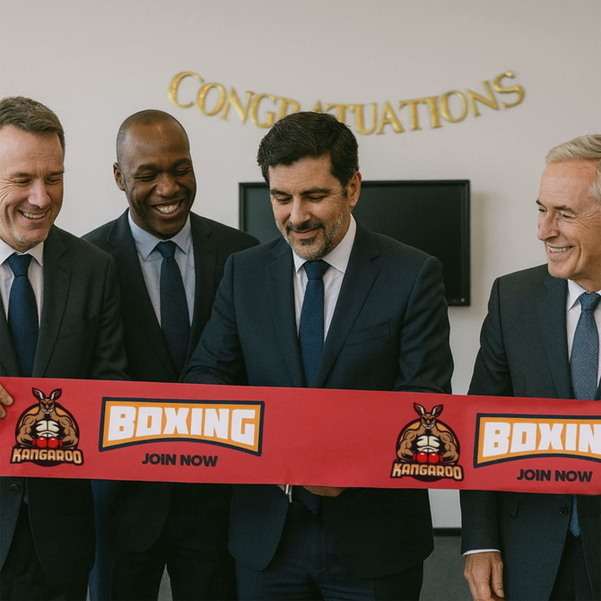 A red ribbon marked "BOXING" with a logo, held by four men in suits, in a setting with a "Congratulations" banner.