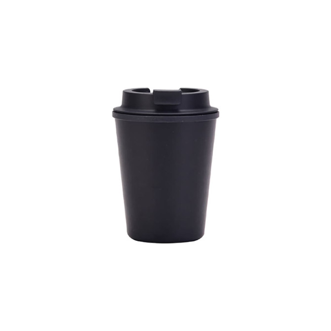 A drink bottle in black with a double wall design and a lid, featuring a logo on the surface.