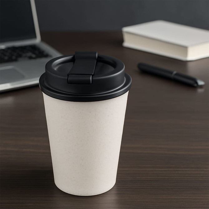 A drink bottle made of wheat straw, featuring a double wall design in a light colour with a black lid.