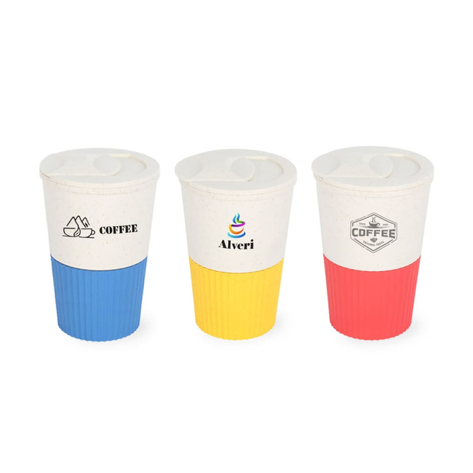 A drink bottle with a lid, featuring three designs in blue, yellow, and red, made from wheat straw material.