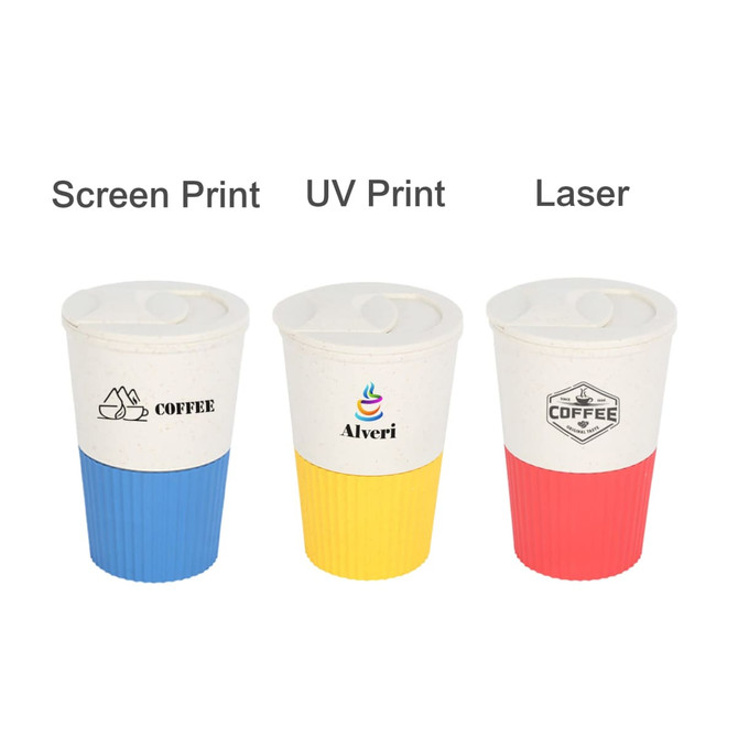 A drink bottle resembling a coffee cup, featuring a wheat straw design with a lid, available in blue, yellow, and red.