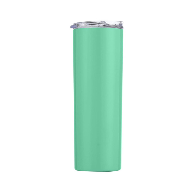 A drink bottle in mint green with a transparent lid, featuring a logo on the side.