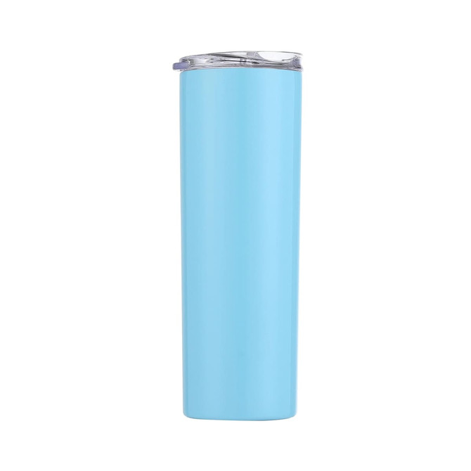 A drink bottle in light blue with a double wall, stainless steel design and a clear lid. It features a logo.