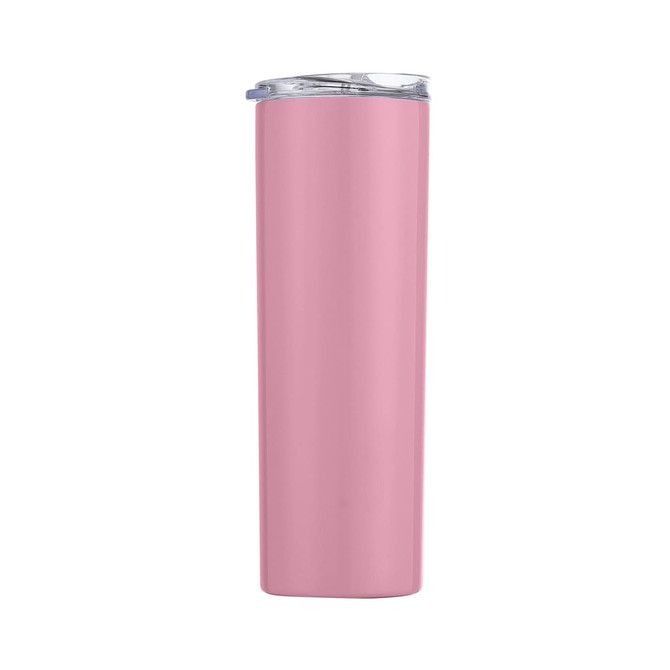 A drink bottle in a soft pink colour, featuring a transparent lid and a stainless steel body. It has a logo on the side.