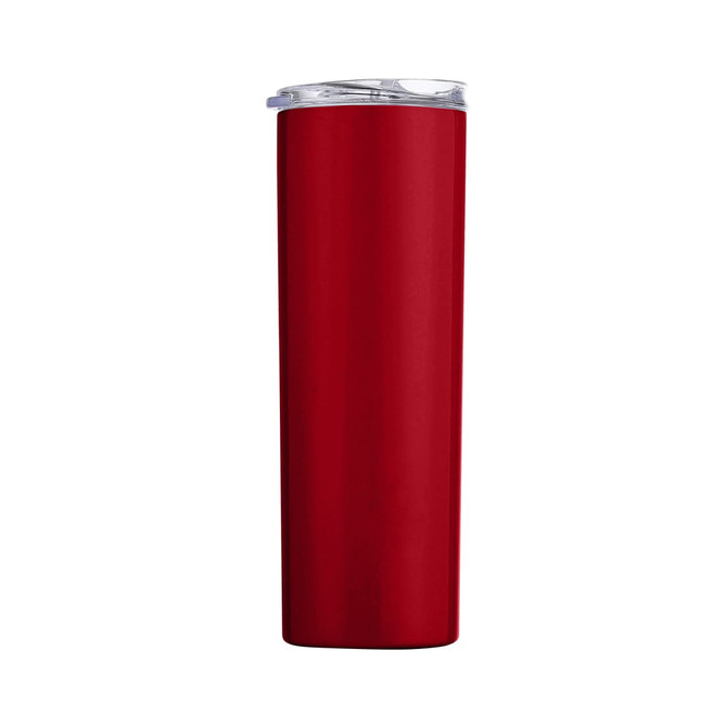 A drink bottle in a solid red finish, featuring a stainless steel double wall and a clear lid. It has a logo.