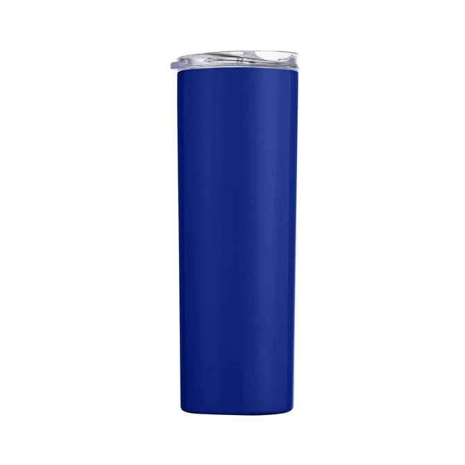 A drink bottle featuring a blue double wall stainless steel design with a clear lid and a branding logo.