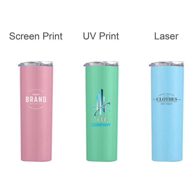 A drink bottle display featuring three 580ML U-shaped stainless steel cups in pink, green, and blue with lids and logos.