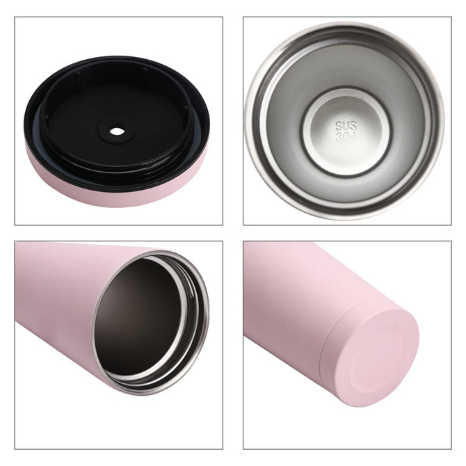 A pink stainless steel tumbler with a straw, featuring a double wall design. It has a textured surface and a logo.