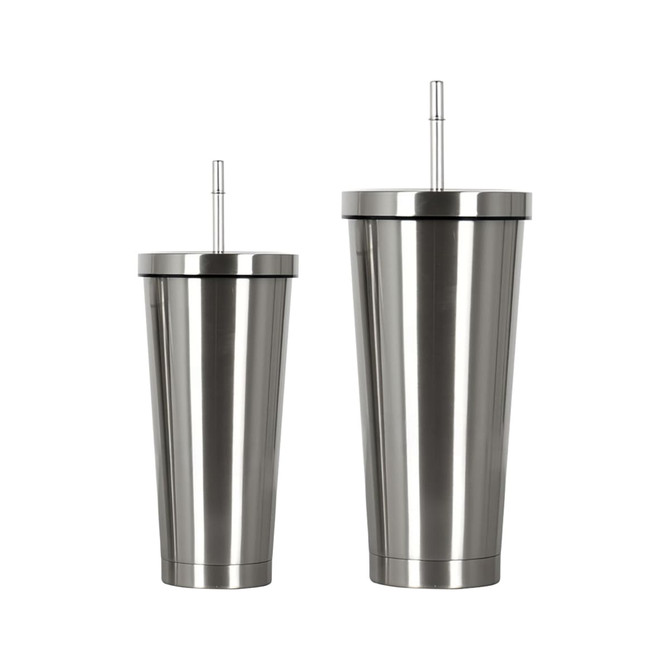 A drink bottle set featuring two double wall stainless steel tumblers in silver with straws.