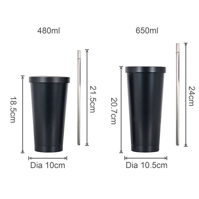 A drink bottle set featuring two black double wall stainless steel tumblers with straws, measuring 480ml and 650ml.