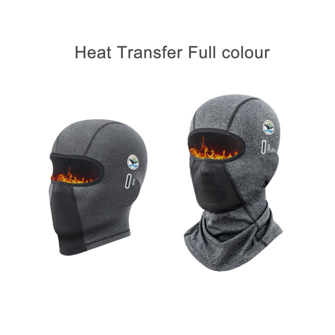 A Winter Balaclava Cycling Face Mask in grey featuring a heat transfer design and a logo.