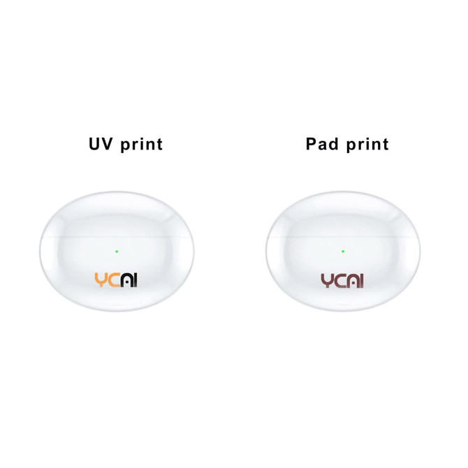 Wireless earbuds in a sleek oval case, featuring a shiny white finish and displaying different printing styles with logo.