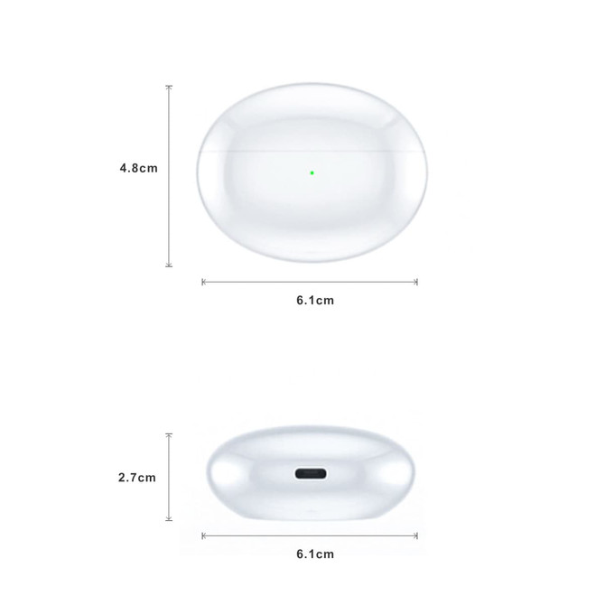 A pair of active noise cancelling wireless earbuds in a glossy white charging case, featuring dimensions on the side.
