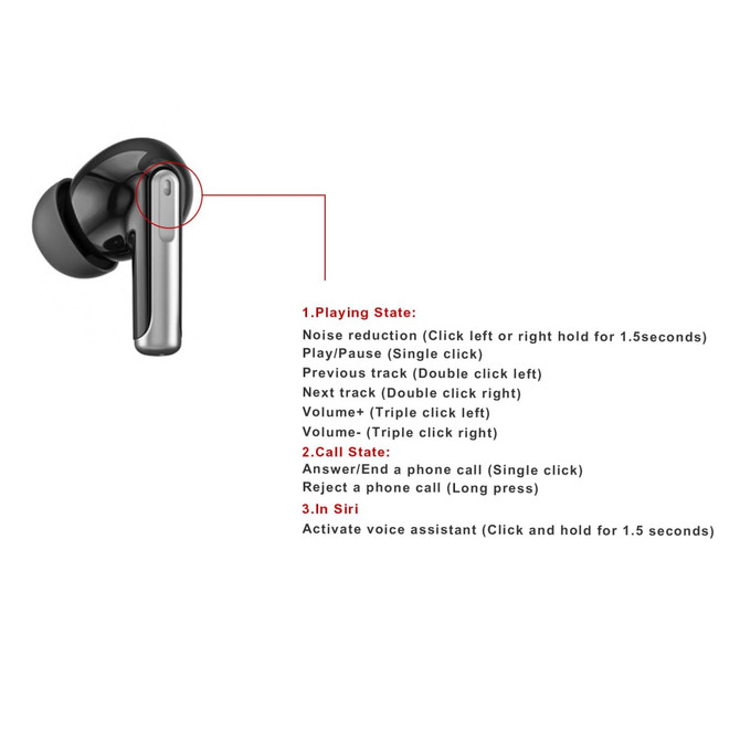 Active noise cancelling wireless earbuds in black with silver accents, featuring touch control functions.