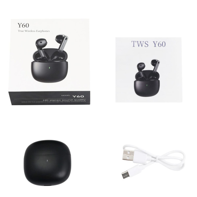 Black semi in-ear wireless earbuds in a charging case, accompanied by a USB charging cable and a branding card.