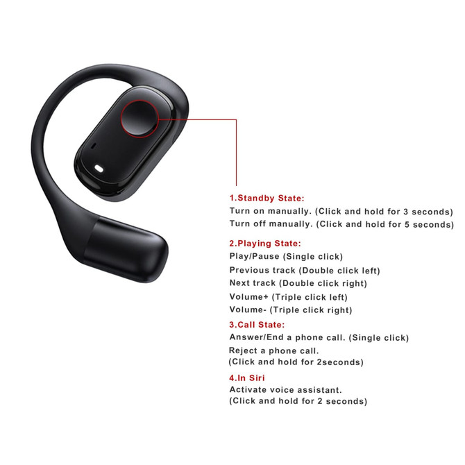 A pair of black open-ear headphones with a control button and flexible design, featuring a logo.