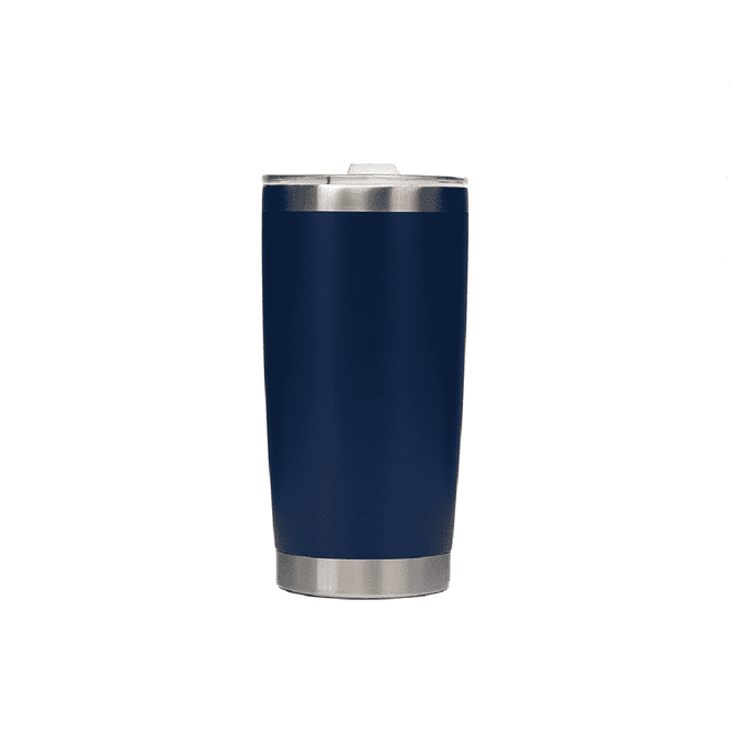 A drink bottle in a deep navy blue with a stainless steel base and a lid. Features a logo on the side.