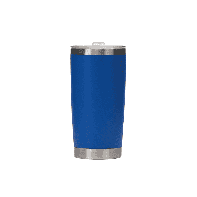 A drink bottle featuring a blue stainless steel design with a silver rim and a lid, branded with a logo.