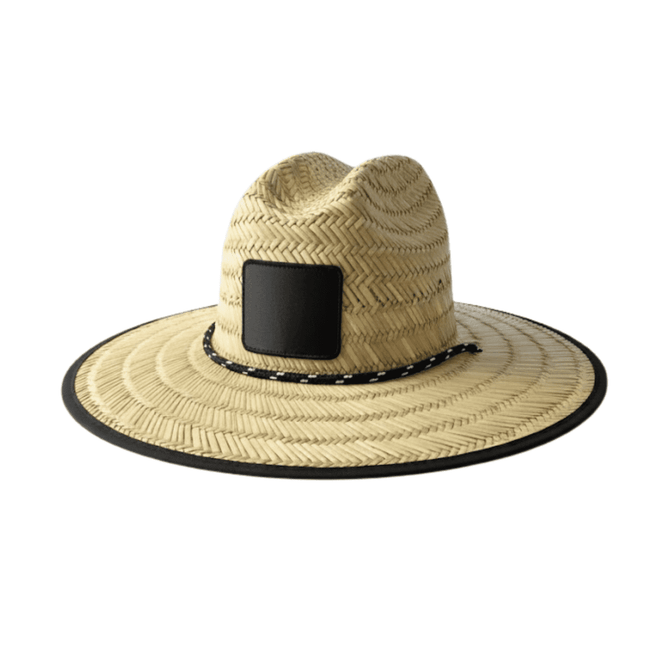 A straw hat in natural tones with a wide brim and a black band, featuring a blank logo area.