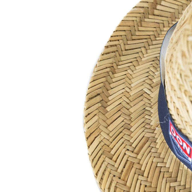 A straw hat with a wide brim, featuring a woven pattern and a dark band around the crown.
