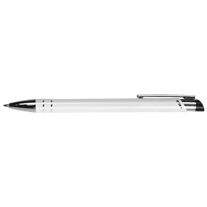 A white ballpoint pen with chrome accents and a clip. The pen features a sleek, metallic design.