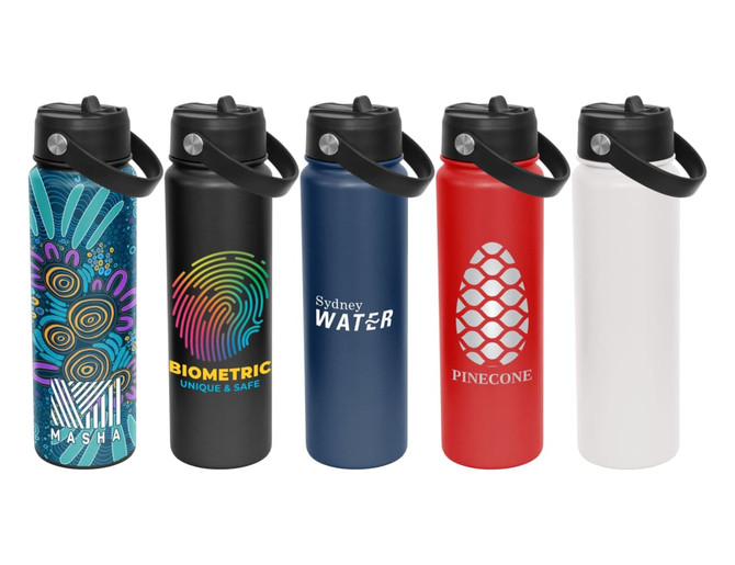 A drink bottle collection featuring designs in blue, black, red, white, and a colourful pattern, each with a spout and handle.