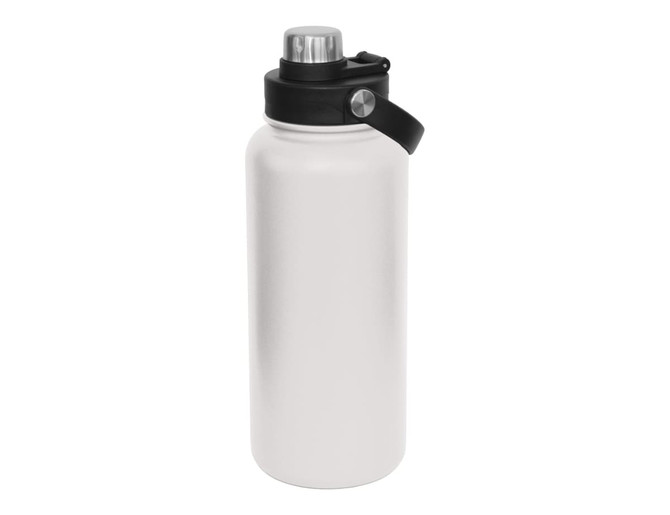 A drink bottle in matte white with a black screw cap and a metal top, featuring a logo.