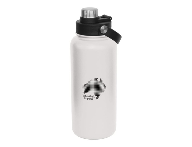 A drink bottle in white with a black screw cap, featuring a logo and an outline of Australia.