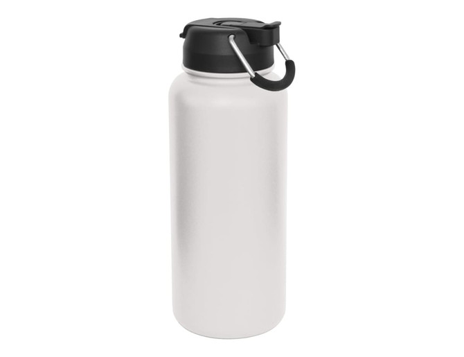 A drink bottle with a white body and a black lid, featuring a carrying handle and a logo.
