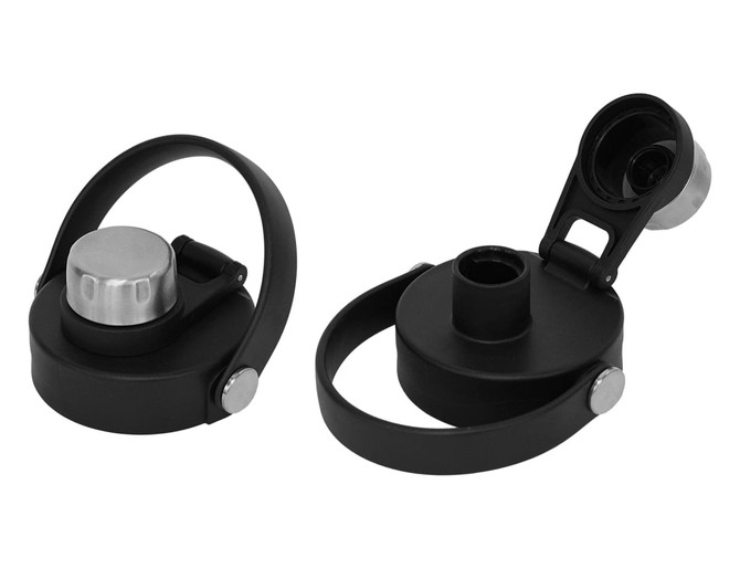A drink bottle cap with a silver top and a black rubber handle, featuring a pull-open spout and an attached lid.