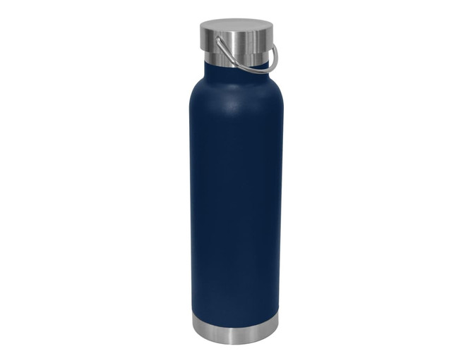 A drink bottle in navy blue with a stainless steel carry lid and base. It features a logo on the body.