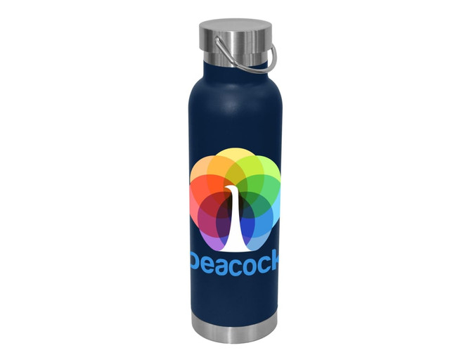 A drink bottle featuring a sleek navy blue design with a stainless steel lid and a logo. Holds 650ml.