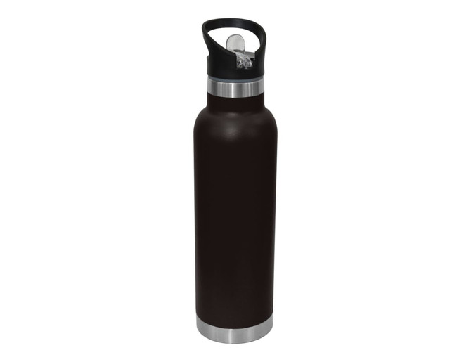 A drink bottle featuring a dark brown body with a black spout lid and a silver base, includes a logo.