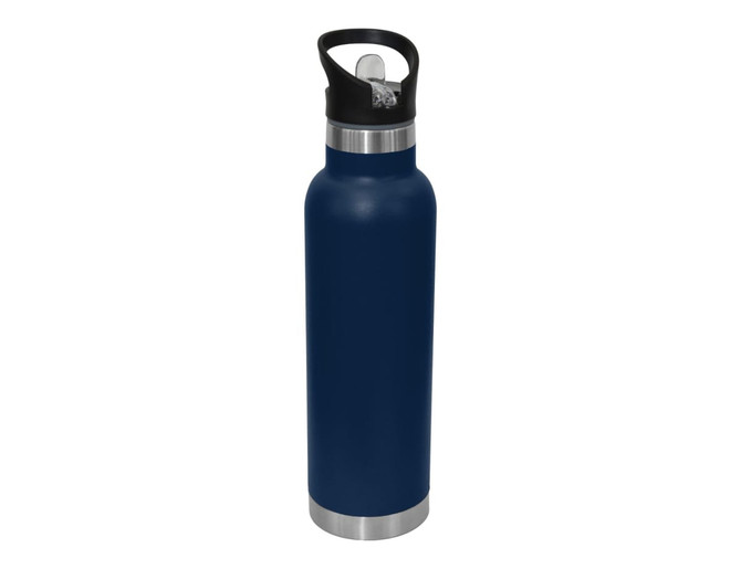 A drink bottle in navy blue with a stainless steel base and a black spout cap, featuring a logo.