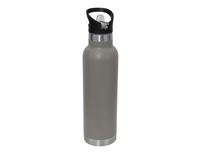 A drink bottle in grey with a black spout and a silver base, featuring a handle and a logo.