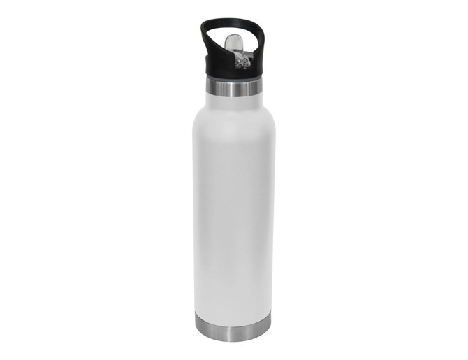 A drink bottle with a sleek white body, stainless steel base, and a black spout lid. It features a logo.