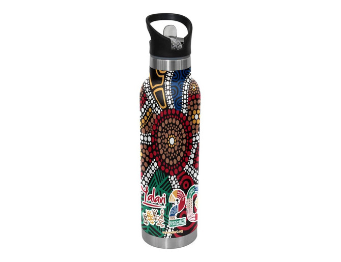 A drink bottle featuring a vibrant Aboriginal art design in red, brown, green, and blue, with a black spout lid and handle.