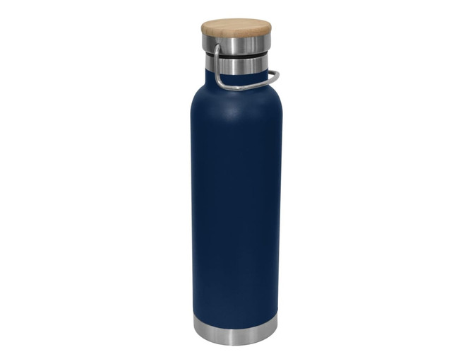 A drink bottle in navy blue with a stainless steel base and a bamboo lid. Features a metal handle and branding.