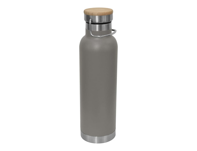 A drink bottle with a grey stainless steel body and a bamboo lid, featuring a metal handle.